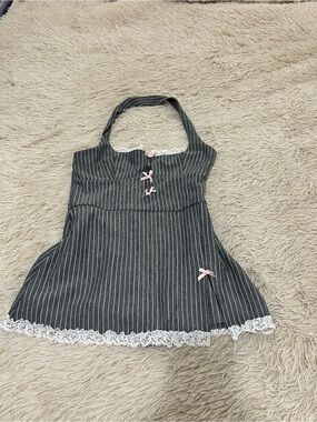 Kimchi Blue Gray Pinstripe Halter Romper with Pink Bow Accents